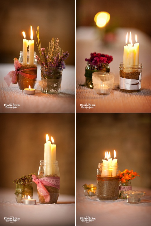 jam jars with candles and flowers