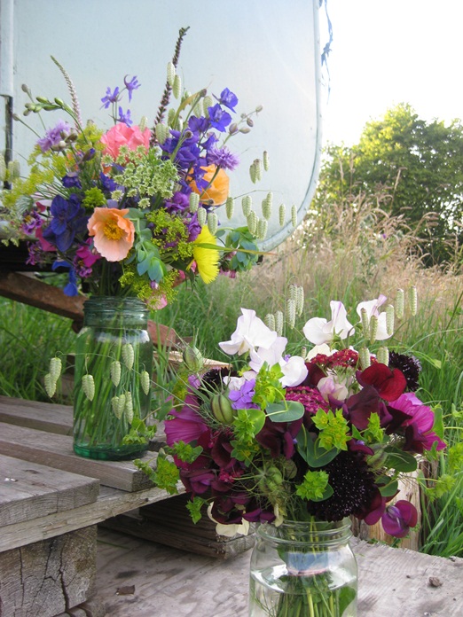 jam jars of homegrown flowers
