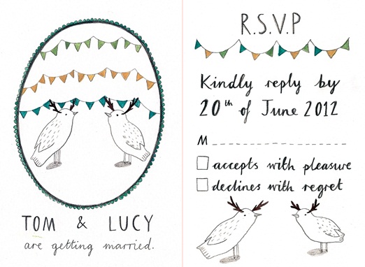 Antler bird illustrated wedding stationery