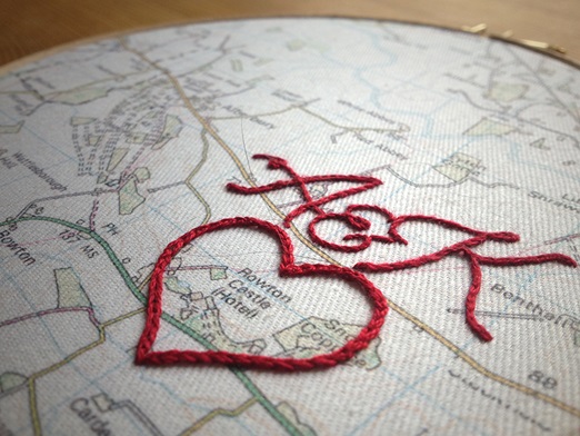 Wedding map keepsake with embroidered intials