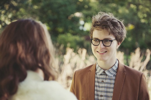 Vintage style groom with brown suit and stripy shirt