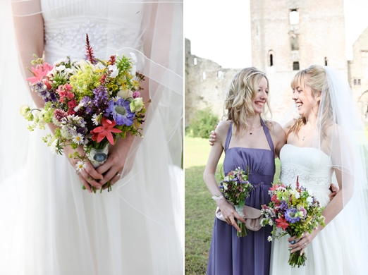 Bride and bridesmaid with country garden flowers