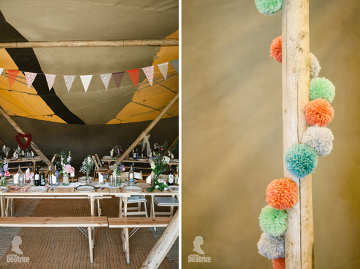 Wedding bunting and pom pom decorations – photography http://www.photography.hannahbeatrice.co.uk/