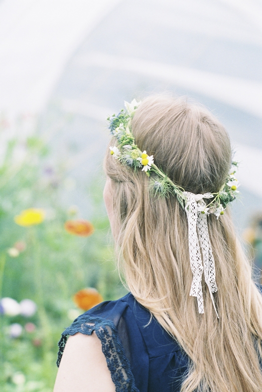 Meadow chamomile, wild grasses and nigella flower circlet with lace