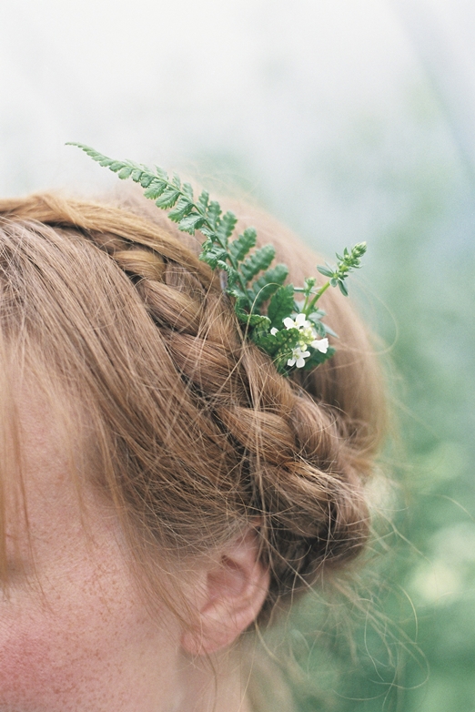 Lush fern woodland wedding hair flowers