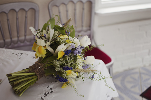 Forget-me-not, bluebell and wheat bridal boquet