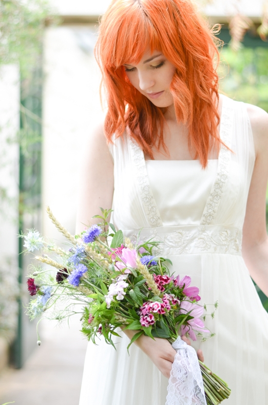 Natural meadow style bridal bouquet with wheat and cornflowers
