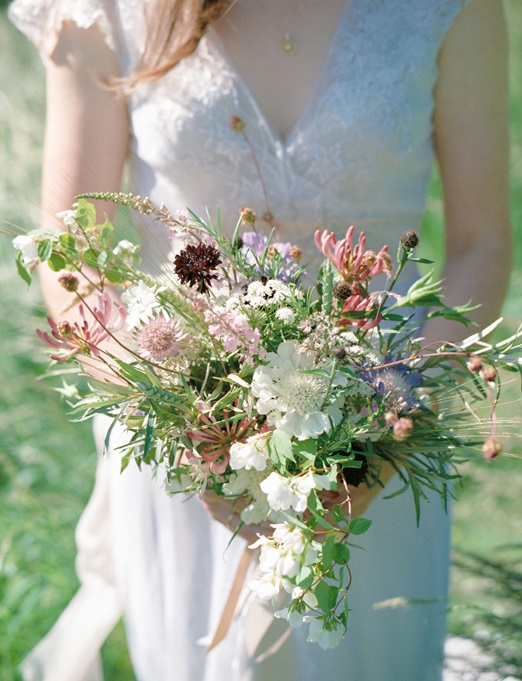 Seasonal summer bouquet with honeysuckle and scabious - Taylor & Porter Photographs