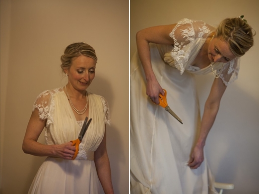 Bride cutting wedding dress – photography http://www.milestones-photography.co.uk/ 