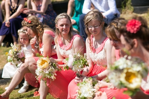 Coral pink bridesmaids dresses – photography http://www.rebeccaroundhill.co.uk/ 