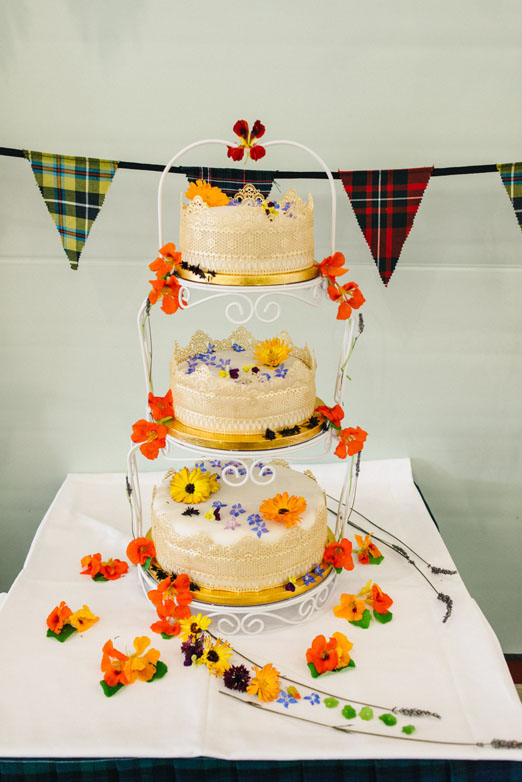 Homemade wedding cake decorated with edible flowers: calendula, borage and nasturtiums - - photography http://photosbyzoe.co.uk/