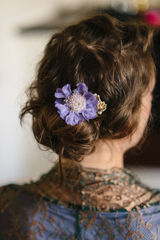 Beautiful wedding hair with antique hair comb and purple scabious - photography http://photosbyzoe.co.uk/