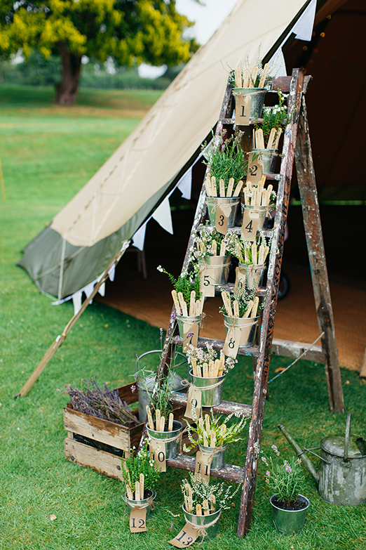 Rustic wedding table plan of pots of heather displayed on a ladder – photography http://www.bohemianweddings.co.uk/