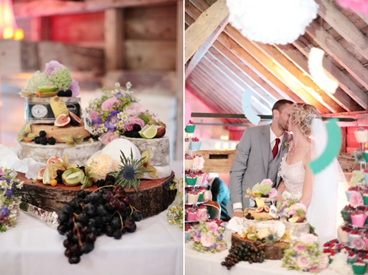 Cheese wedding cake on a log stump // Dasha Caffrey Photography // The Natural Wedding Company