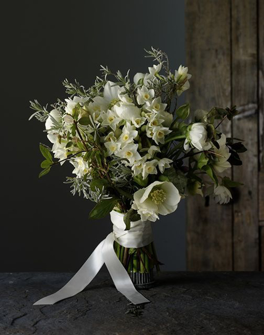 Winter wedding bouquet of hellebores, foliage and narcissi // The Real Cut Flower Garden