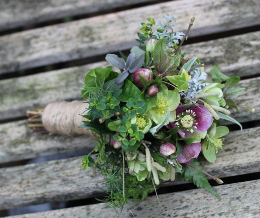 Fern, catkin and hellebore winter wedding bouquet // Lock Cottage Flowers