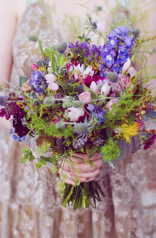 Wild Autumn wedding bouquet of Delphiniums, scabious and eryngium thistle by The Real Cut Flower Garden // Babb Photo // The Natural Wedding Company
