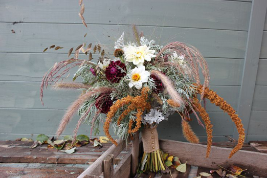 Seasonal autumn wedding bouquet of Mixed grasses, dahlias and golden amaranthus by Garden & Wild // The Natural Wedding Company