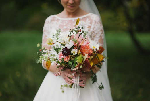 Autumn wedding bouquet of Leaves, scabious and cosmos by PYRUS // Kitchener Photography // The Natural Wedding Company