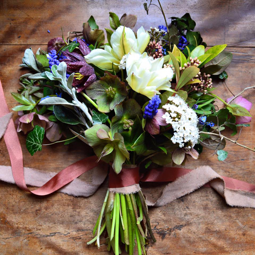 Spring bridal bouquet of snakes head fritillary, hellebore and grape hyacinth // Forage and Blossom
