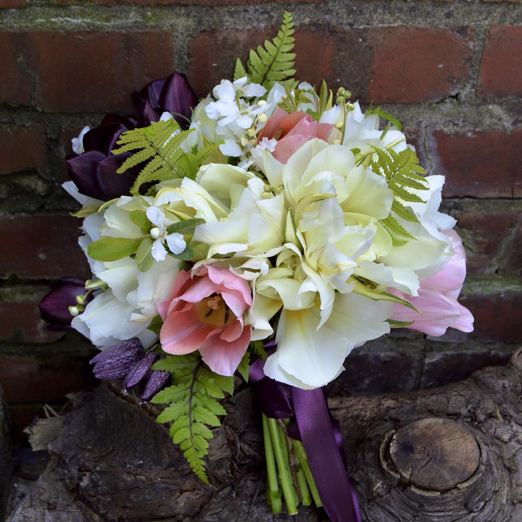 Seasonal spring bridal bouquet with tulips, ferns and snakes head fritillary // Forage and Blossom