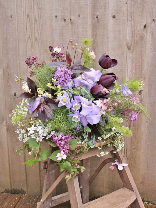 Purple spring wedding bouquet with aquilegia, tulips and lilac // Garden and Wild