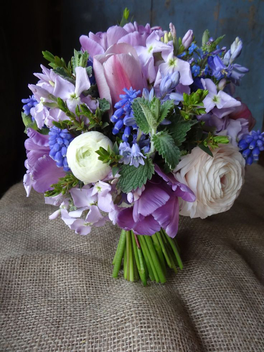 Purple and blue spring wedding bouquet with ranunculus, tulips and grape hyacinth // Catkin Flowers