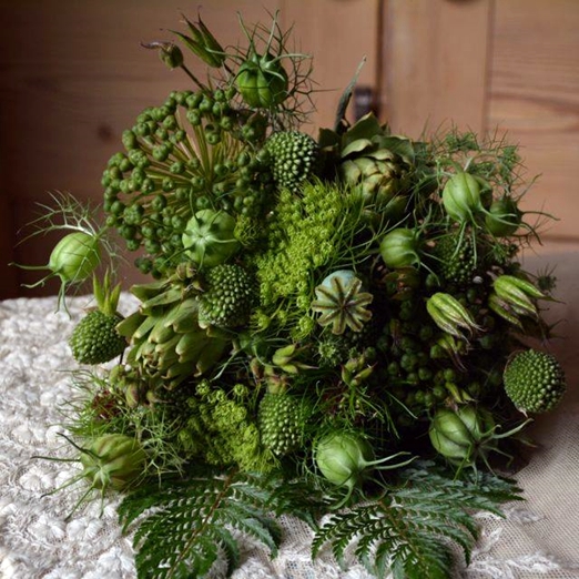 Unusual green summer bouquet of Poppy seed heads, ferns and artichokes by Forage For // The Natural Wedding Company