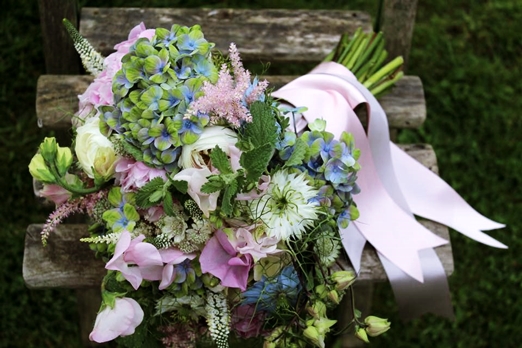 Pink and green summer wedding bouquet of Hydrangea, sweetpeas and mint by Cherfold Cottage Flowers // The Natural Wedding Company
