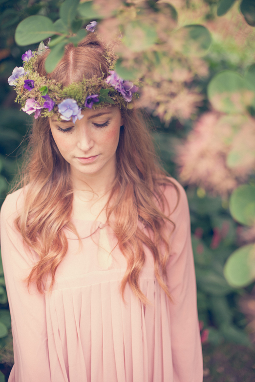 Moss and purple hydrangea flower crown // Flowers by Catkin // The Natural Wedding Company