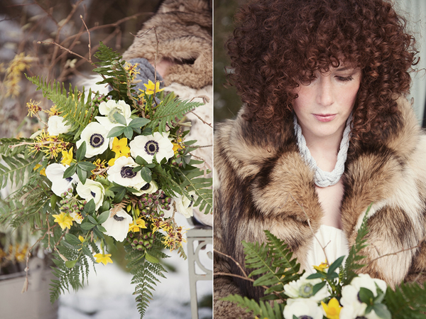 Seasonal winter bouquet with ferns and anemones // Photography Jennie Hill Photography // The Natural Wedding Company