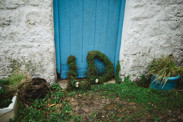 Moss and primrose giant initial letters // Rainy romantic wedding shoot // Box and Cox Vintage Hire // The Natural Wedding Company