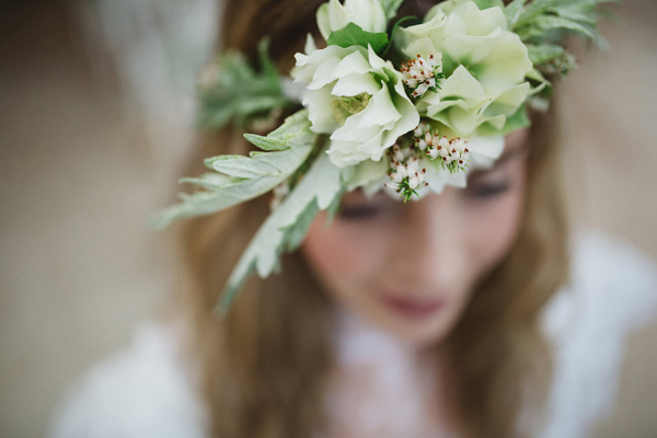 White hellebore and heather flower crown // Rainy romantic wedding shoot // Box and Cox Vintage Hire // The Natural Wedding Company