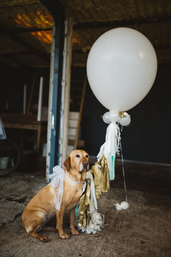 Giant balloon and wedding dog // Rainy romantic wedding shoot // Box and Cox Vintage Hire // The Natural Wedding Company