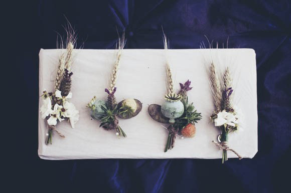 Rustic wedding buttonholes with wheat, poppy seedheads, lavender and strawberries // Photography Aime Herriott / The Natural Wedding Company