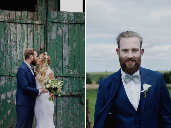 Groom in dark blue suit with grey bow tie // Photography Mariell Amelie // Flowers by Forage and Blossom // The Natural Wedding Company