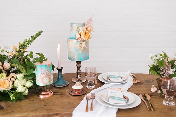 Copper and blue wedding themed table - natural organic wedding inspiration // Jenny Owens Photography // The Natural Wedding Company