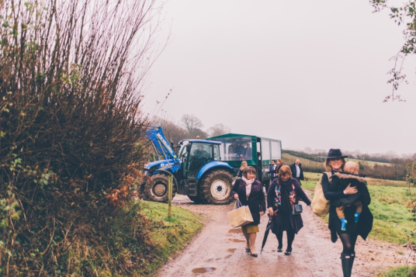 River Cottage wedding tractor transport // Cosy winter wedding at River Cottage // Larissa Joice Photography // The Natural Wedding Company