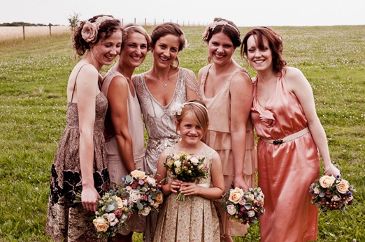 Favourite Natural Wedding Styles: Mismatched Bridesmaid Dresses in Vintage Shades of Pink and Peach
