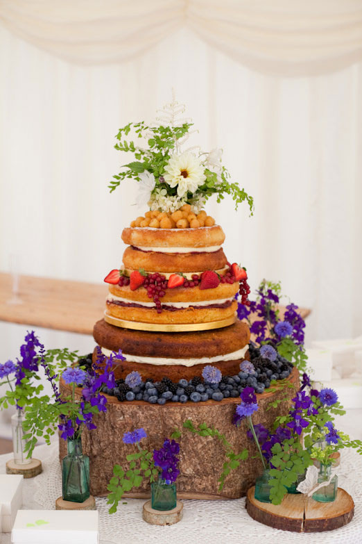 Natural Wedding Details: A Naked Tiered Wedding Cake with Berries, Flowers and Ferns
