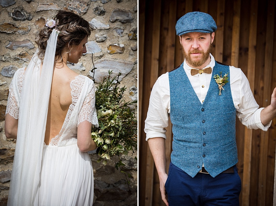 Eco chic bride and groom with wooden bow tie