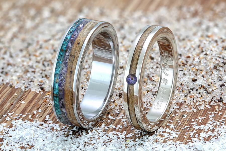 Unique eco wedding rings with wood, flat steel 5mm with oak diamond dust, purple agate, amethyst, turquoise and sand