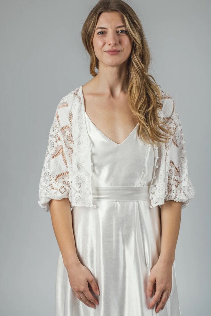 Brooke organic hemp and silk wedding dress and lace cardigan from Sister Organics