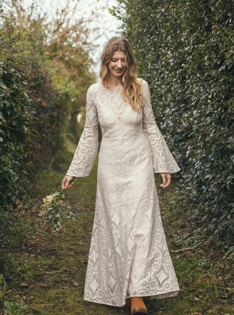Forest wedding dress made from cotton lace with flared sleeves by Sister Organics