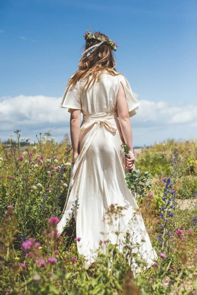 Honey wrap wedding dress made from hemp and silk by Sister Organics