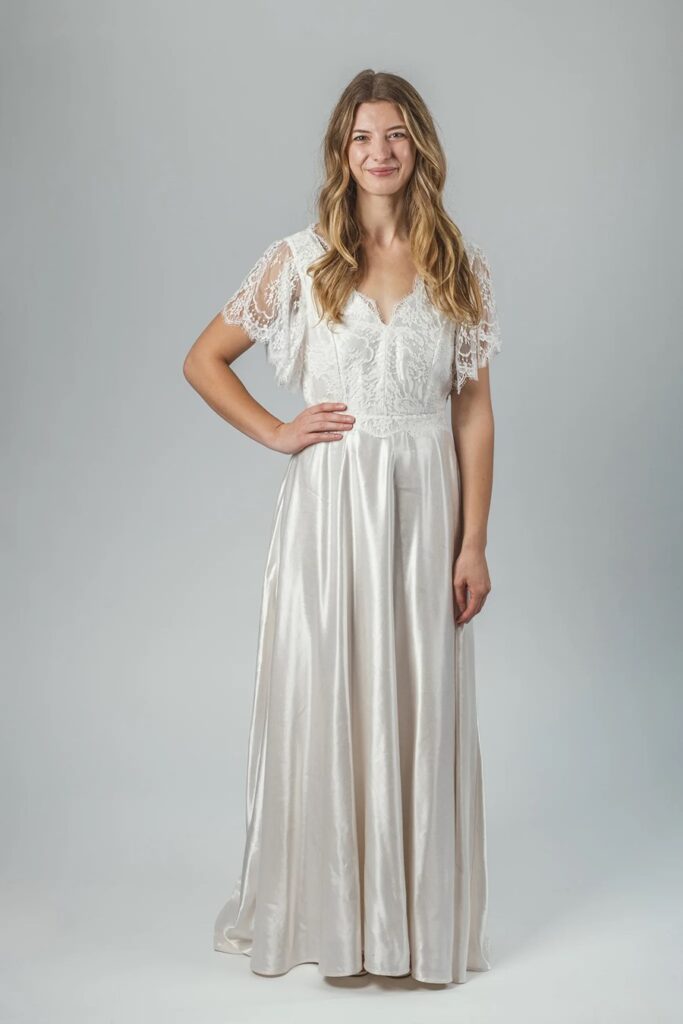 Ivy hemp-silk wedding dress with organic cotton lace overlay