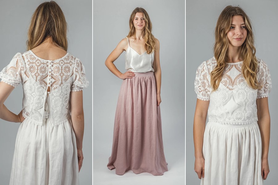 Sustainable bridal separates made from linen skirt and organic cotton