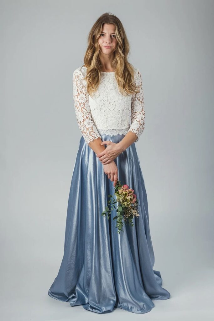 Unique blue hemp-silk and organic cotton wedding skirt by Sister Organics