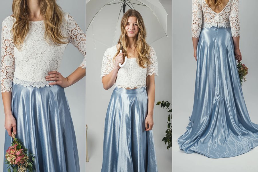 Unique blue hemp-silk and organic cotton wedding skirt and lace top