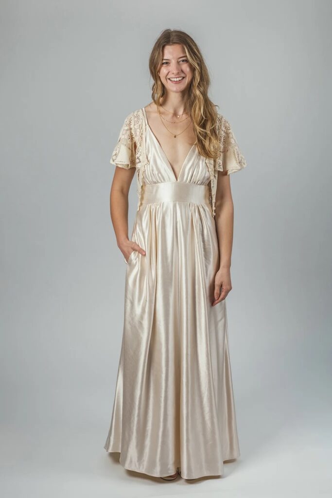Zarah sustainable wedding dress with cotton lace shrug by Sister Organics